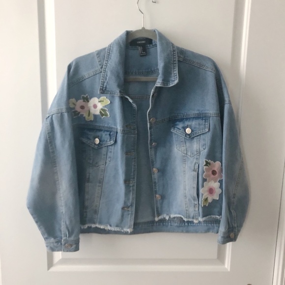 Denim Floral Patchwork Bomber Jean Jacket - Picture 1 of 3